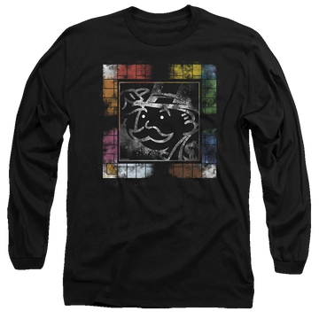 Black men's long sleeve t-shirt with Monopoly Dusty Game Board No Logo graphic