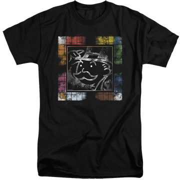 Black men's tall fit t-shirt with Monopoly Dusty Game Board No Logo graphic
