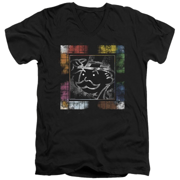 Black men's v-neck t-shirt with Monopoly Dusty Game Board No Logo graphic