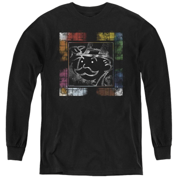 Black youth long sleeve t-shirt with Monopoly Dusty Game Board No Logo graphic