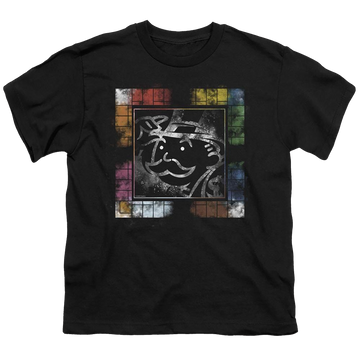 Black youth t-shirt for ages 8 to 12 with Monopoly Dusty Game Board No Logo graphic