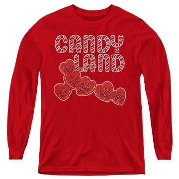 Red youth long sleeve t-shirt with Candy Land I Love You graphic