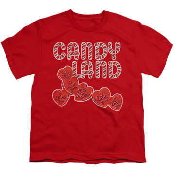 Red youth t-shirt for ages 8 to 12 with Candy Land I Love You graphic