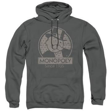 Charcoal pullover hoodie with Monopoly Wink graphic