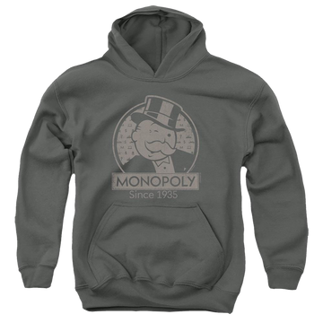 Charcoal youth hoodie for ages 8 to 12 with Monopoly Wink graphic