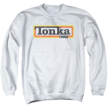 White men's crewneck sweatshirt with Hasbro Tonka Boxed Sign graphic
