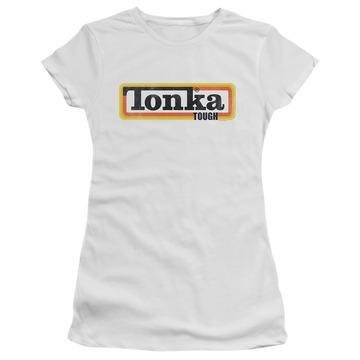 White juniors t-shirt with Hasbro Tonka Boxed Sign graphic