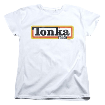 White women's t-shirt with Hasbro Tonka Boxed Sign graphic