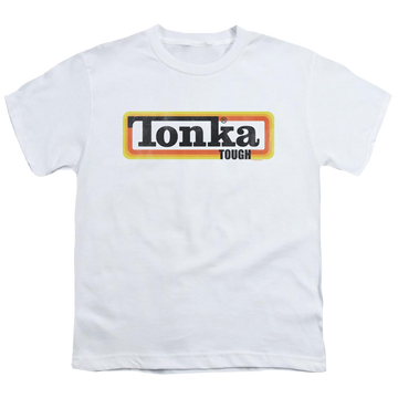 White youth t-shirt for ages 8 to 12 with Hasbro Tonka Boxed Sign graphic