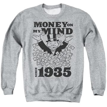 Athletic heather men's crewneck sweatshirt with Monopoly Money Mind Since 35 graphic
