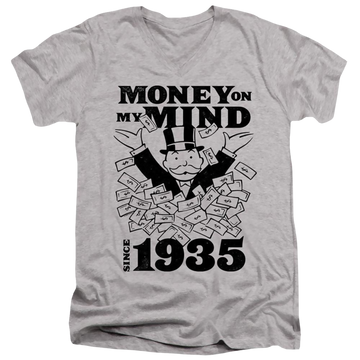 Athletic heather men's v-neck t-shirt with Monopoly Money On My Mind Since 1935 graphic