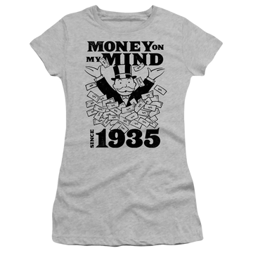 Athletic heather juniors t-shirt with Monopoly Money On My Mind Since 1935 graphic