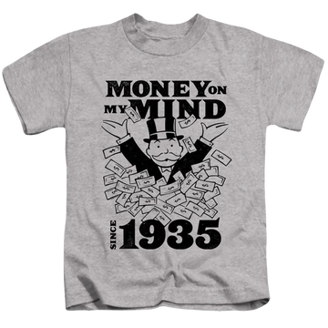 Athletic heather kid's t-shirt for ages 4 to 7 with Monopoly Money On My Mind Since 1935 graphic