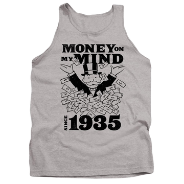 Athletic heather men's tank with Monopoly Money On My Mind Since 1935 graphic