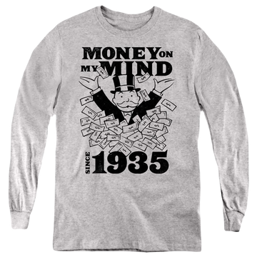 Athletic heather youth long sleeve t-shirt with Monopoly Money On My Mind Since 1935 graphic
