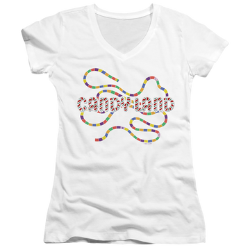 White juniors v-neck t-shirt with Candy Land Board graphic