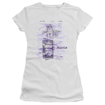 White juniors t-shirt with Easy Bake Oven Patent graphic