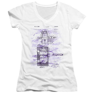 White juniors v-neck t-shirt with Easy Bake Oven Patent graphic