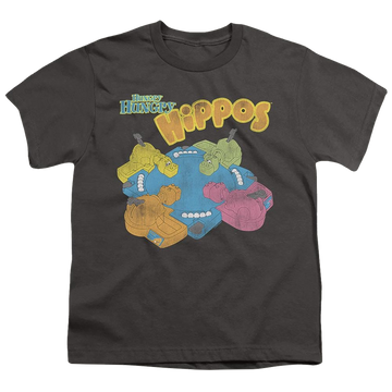 Charcoal youth t-shirt for ages 8 to 12 with Hungry Hungry Hippos Ready To Play graphic