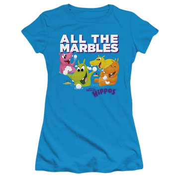 Turquoise juniors t-shirt with Hungry Hungry Hippos All The Marbles graphic