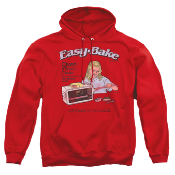 Red pullover hoodie with Easy Bake Oven Lightbulb Not Included graphic
