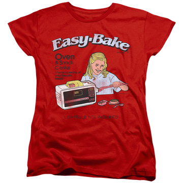 Red women's t-shirt with Easy Bake Oven Lightbulb Not Included graphic