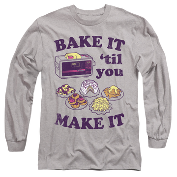 Athletic heather men's long sleeve t-shirt with Easy Bake Oven Bake It Til You Make It graphic