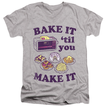 Athletic heather men's v-neck t-shirt with Easy Bake Oven Bake It Til You Make It graphic