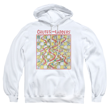 White pullover hoodie with Chutes and Ladders 79 Game Board graphic