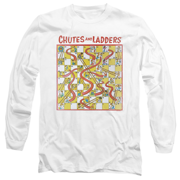 White men's long sleeve t-shirt with Chutes and Ladders 79 Game Board graphic