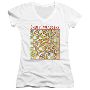 White juniors v-neck t-shirt with Chutes and Ladders 79 Game Board graphic