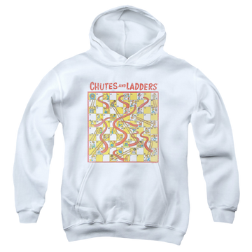 White youth hoodie for ages 8 to 12 with Chutes and Ladders 79 Game Board graphic