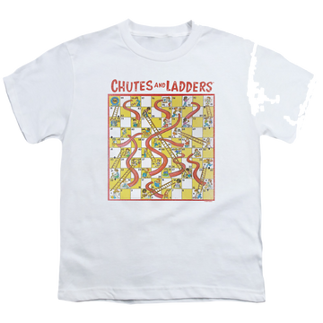 White youth t-shirt for ages 8 to 12 with Chutes and Ladders 79 Game Board graphic
