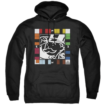 Black pullover hoodie with Monopoly Game Board graphic