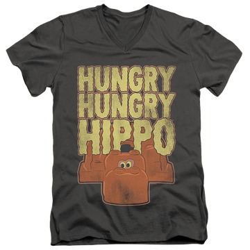Charcoal men's v-neck t-shirt with Hungry Hungry Hippos Faded graphic
