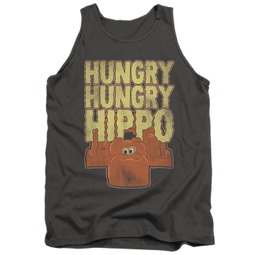 Charcoal men's tank with Hungry Hungry Hippos Hungry Hippos graphic