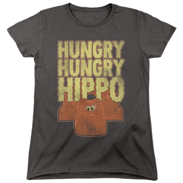 Charcoal women's t-shirt with Hungry Hungry Hippos Hungry Hippos graphic