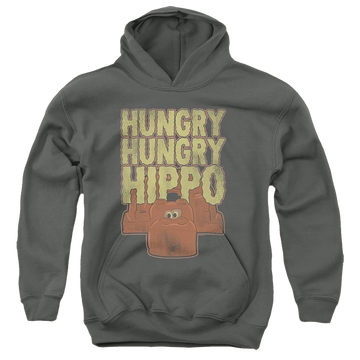 Charcoal youth hoodie for ages 8 to 12 with Hungry Hungry Hippos Hungry Hippos graphic