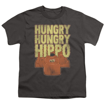 Charcoal youth t-shirt for ages 8 to 12 with Hungry Hungry Hippos Hungry Hippos graphic