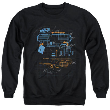 Black men's crewneck sweatshirt with Nerf Deconstructed Gun graphic