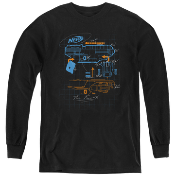 Black youth long sleeve t-shirt with Nerf Deconstructed Gun graphic