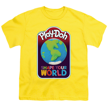 Yellow youth t-shirt for ages 8 to 12 with Play-doh Shape Your World graphic