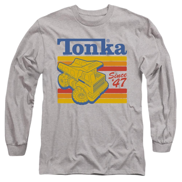 Athletic heather men's long sleeve t-shirt with Hasbro Tonka Since 47 graphic