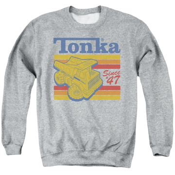Athletic heather men's crewneck sweatshirt with Hasbro Tonka Since 47 graphic