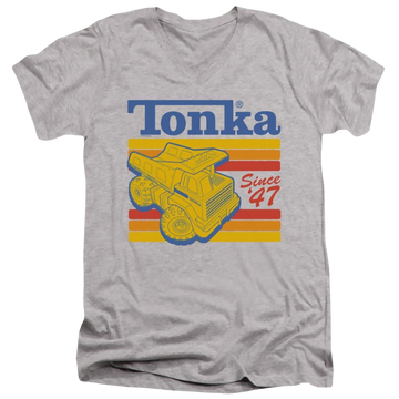 Athletic heather men's v-neck t-shirt with Hasbro Tonka Since 47 graphic