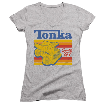 Athletic heather juniors v-neck t-shirt with Hasbro Tonka Since 47 graphic