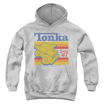 Athletic heather youth hoodie for ages 8 to 12 with Hasbro Tonka Since 47 graphic