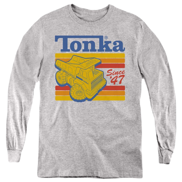 Athletic heather youth long sleeve t-shirt with Hasbro Tonka Since 47 graphic