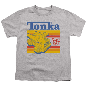 Athletic heather youth t-shirt for ages 8 to 12 with Hasbro Tonka Since 47 graphic