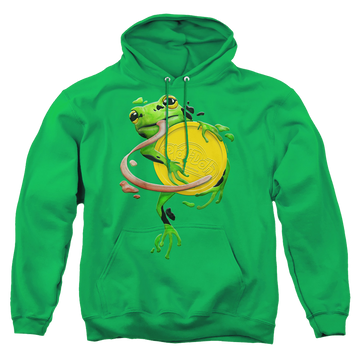 Kelly green pullover hoodie with Play-doh Frog Hugging Lid graphic